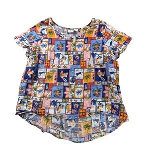 C&C California Top Womens 1X Linen Short Sleeve Boxy Farmhouse Birds Tropical